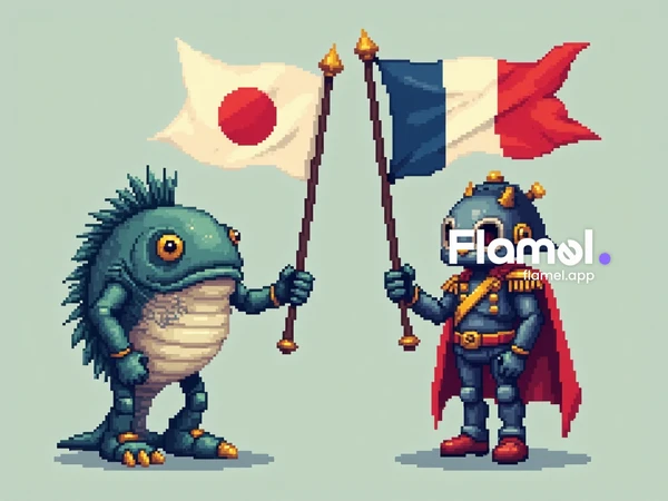 픽셀 아트, 메카닉 물고기가 일본 국기를 들고 메카닉 나폴레옹이 프랑스 국기를 들고 서 있는 모습-ai-generated-flamel-441569.png