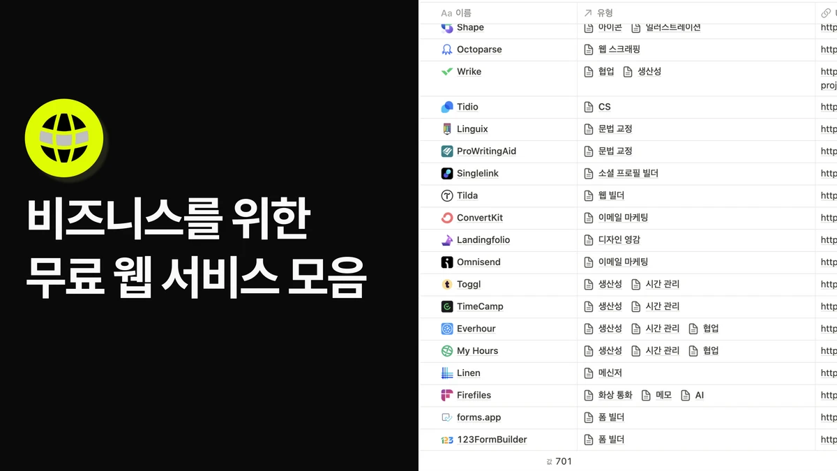 비즈니스를 위한 700개 이상의 무료 웹 서비스 모음 스크린샷 1