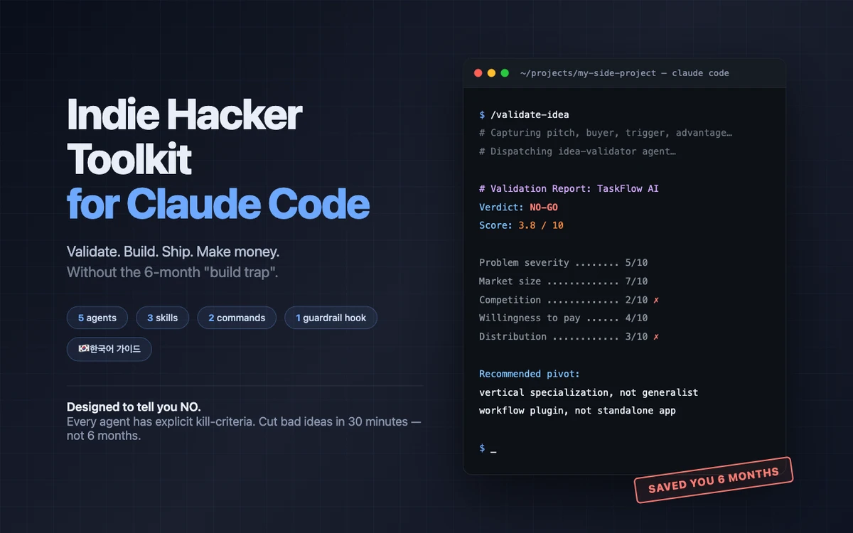 Claude Code Indie Hacker Toolkit 스크린샷 1